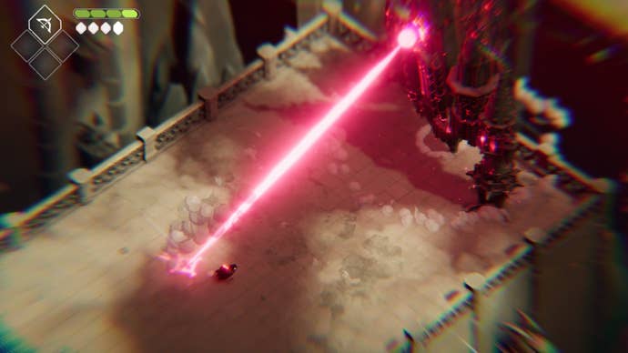 A crow dodges a red laser beam in Death’s Door