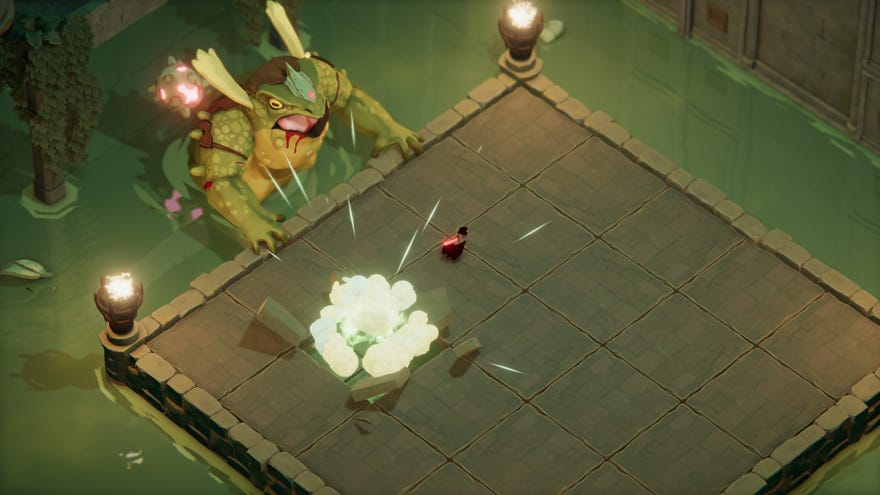 A screenshot of Death’s Door showing a big frog man emerging from some water and seemingly smashing part of a platform being stood on by the player, who is a crow.