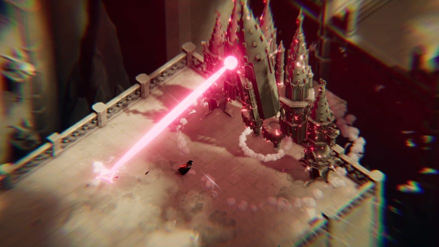 Death’s Door - the crow protagonist runs from the pink laser being shot by a large boss enemy