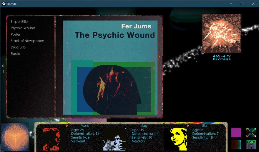 The UI and some abstract imagery in adventure game Decade.