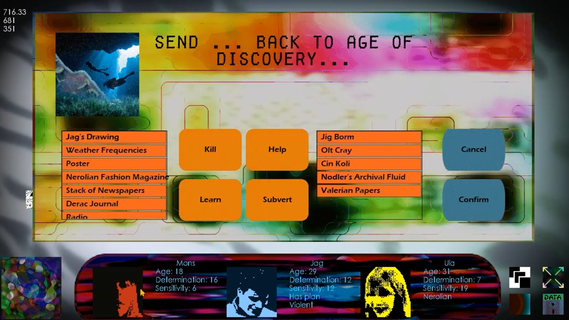 A point-and-click game filled with different text options with three representations of children at the bottom of the screen called Decade. - 1