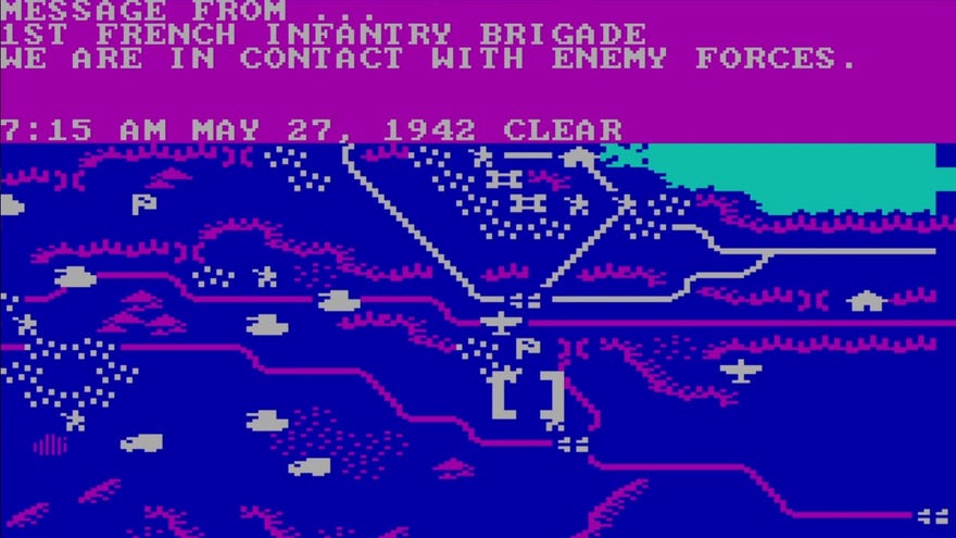 A very bright blue and magenta screenshot of 2D tanks trundling across a battlefield.