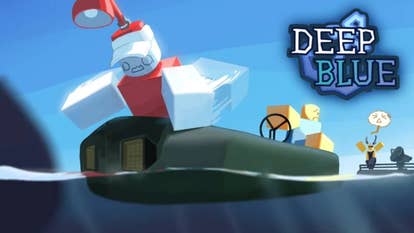 Artwork for the Roblox game Deep Blue showing two Roblox characters in a rubber dinghy with one peering over the edge looking into the sea.