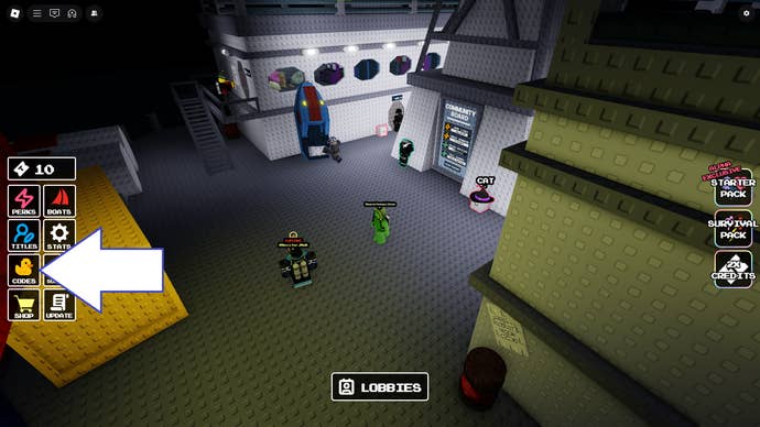 A screenshot of Deep Blue in Roblox showing the game's codes button.