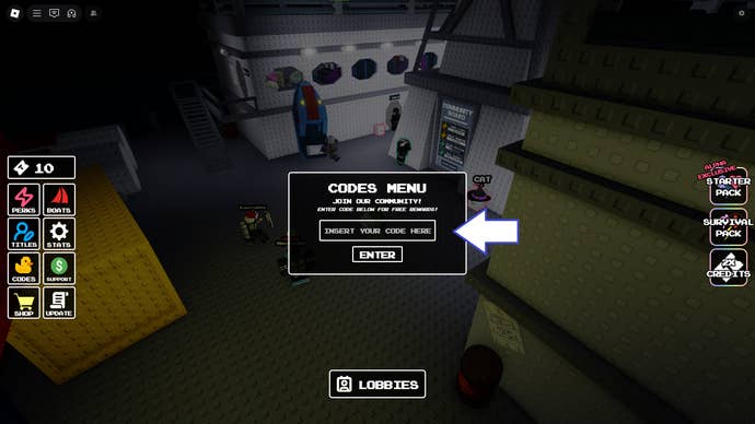 A screenshot of Deep Blue in Roblox showing the game's codes field.