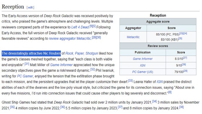 A Wikipedia page for Deep Rock Galactic that I briefly edited then changed back.