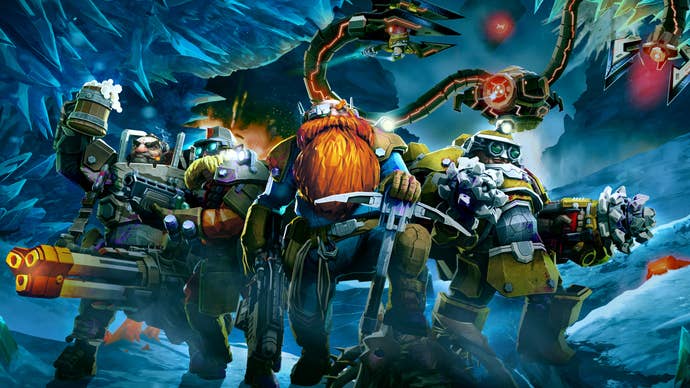 A squad of dwarven miners pose in front of a threatening robot in Deep Rock Galactic’s season 2 artwork.