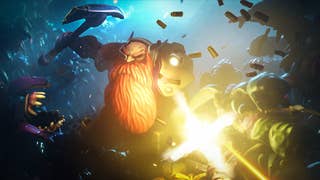 A heavily bearded dwarf fights underground through a horde of surrounding enemies, with axe raised and gun blaring.