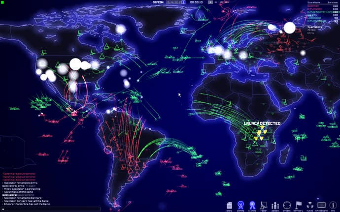 A blue world map showing dozens of ships, missile launchers and more in DEFCON