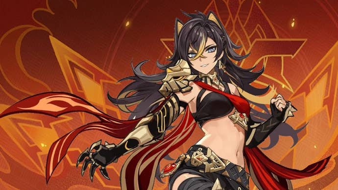 Genshin Impact’s Dehya, shown in close-up against a background of her abstract namecard pattern.