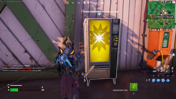 Fortnite Deku's Blast: An animated man in black armor stands next to a yellow vending machine.