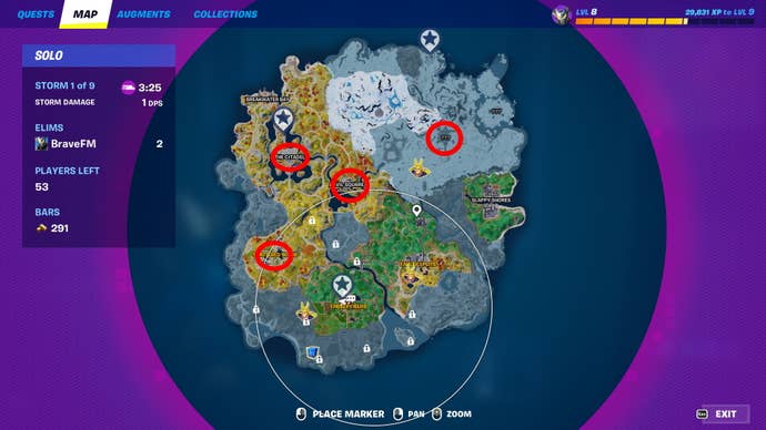 Fortnite Deku's Blast: A map shows Fortnite Chapter 4's map with red circles around The Citadel, Slabs, and Bastion landmarks