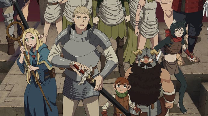 Key art from the Delicious in Dungeon anime showing from left to right, Marcille, Laios, Chilchuck, Senshi, and Izutsumi, all looking cautious about something, various other characters behind them.