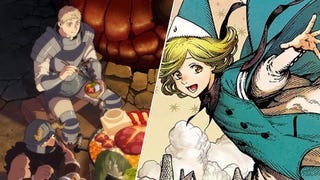 Laois, a man with short blonde hair wearing a suit of armour, and Senshi, a dwarf with dark hair and a long beard wearing a helmet, are sat around a pot of food in Delicious in Dungeon on the left. Coco, a young girl with green/ golden hair and a conical shaped, witch-like hat is smiling, her clothes billowing in the wind in Witch Hat Atelier on the right.