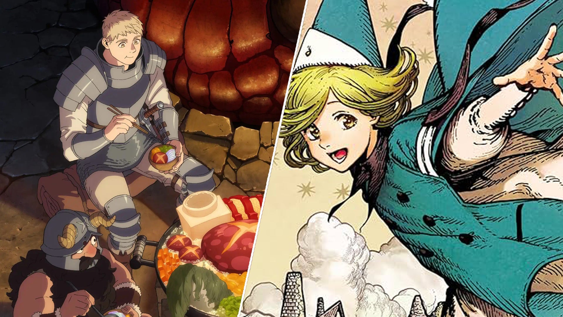 Laois, a man with short blonde hair wearing a suit of armour, and Senshi, a dwarf with dark hair and a long beard wearing a helmet, are sat around a pot of food in Delicious in Dungeon on the left. Coco, a young girl with green/ golden hair and a conical shaped, witch-like hat is smiling, her clothes billowing in the wind in Witch Hat Atelier on the right. - 1