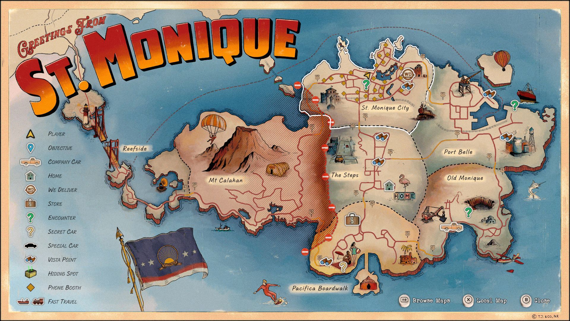 A map of the island of St Monique, showing the various zones the player can drive to. - 4