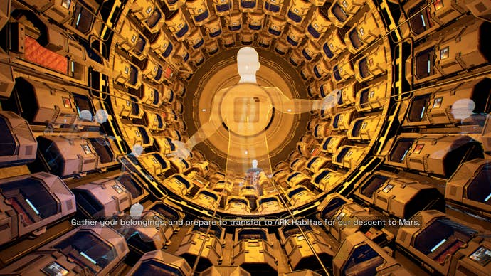 A large hologram addresses a room full of cryopods in Deliver Us Mars