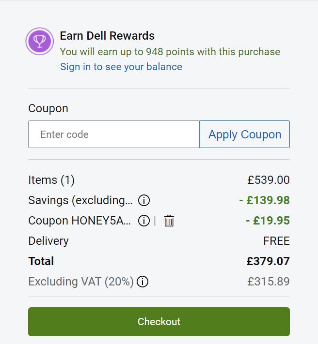 a screenshot of a dell product page with a final price of £379.07 with code applied