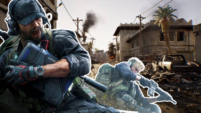 Delta Force art showing two soldiers sliding along the ground with their weapons drawn, superimposed over an in-game shot of a decimated town.