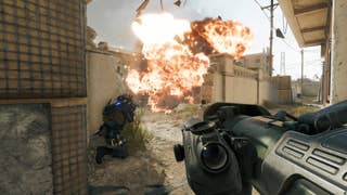 Delta Force: Hawk Ops official image showing a big explosion ahead of a teammate and yourself, carrying a big rocket launcher
