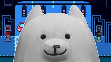 Close-up of white dog character from Deltarune superimposed over a colourful in-game screenshot.
