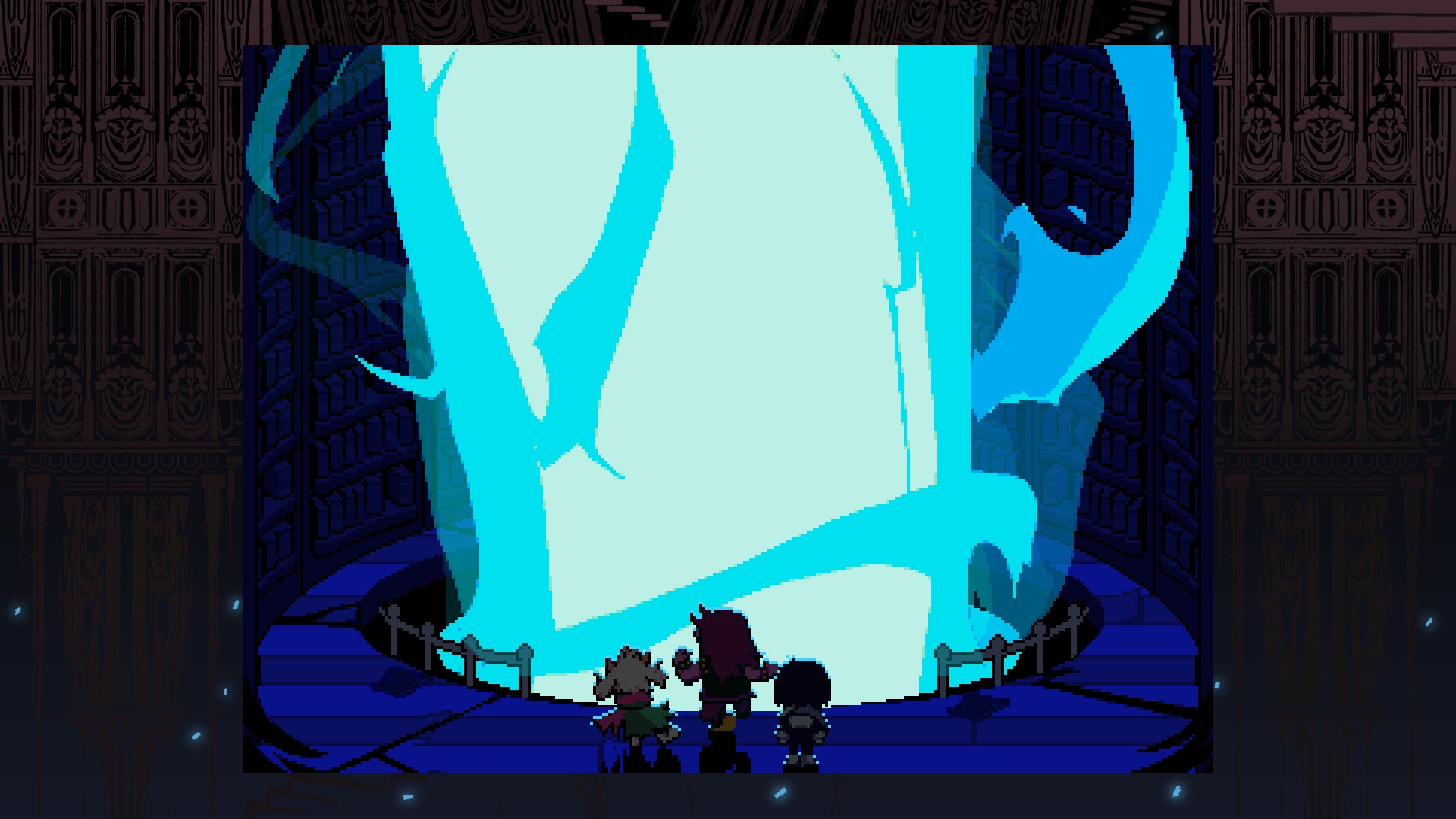 A screenshot from Deltarune: Chapter 4, showing Kris, Susie and Ralsie looking at the Dark Fountain. - 3