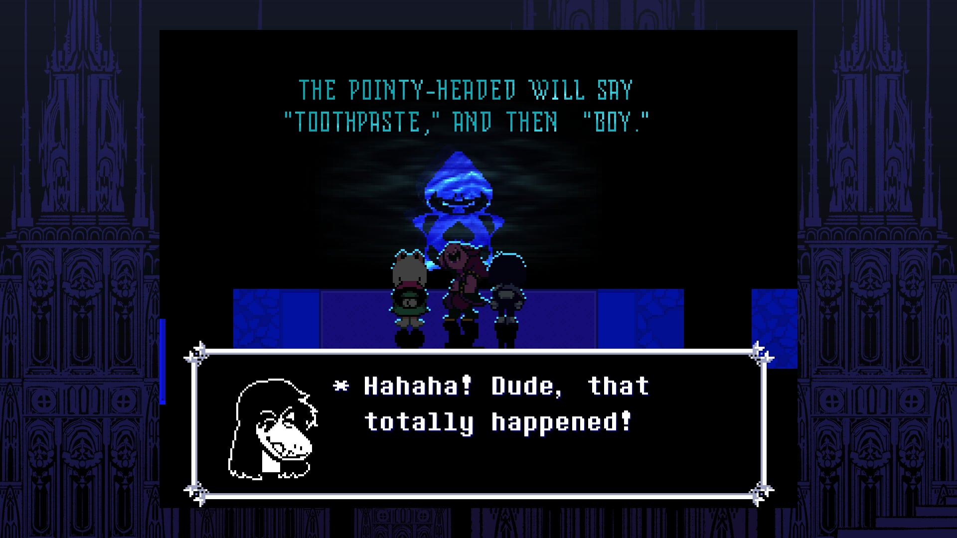 A screenshot from Deltarune: Chapter 4, showing Kris, Ralsie and Susie seeing the section of the church prophecy that references Lancer. - 5