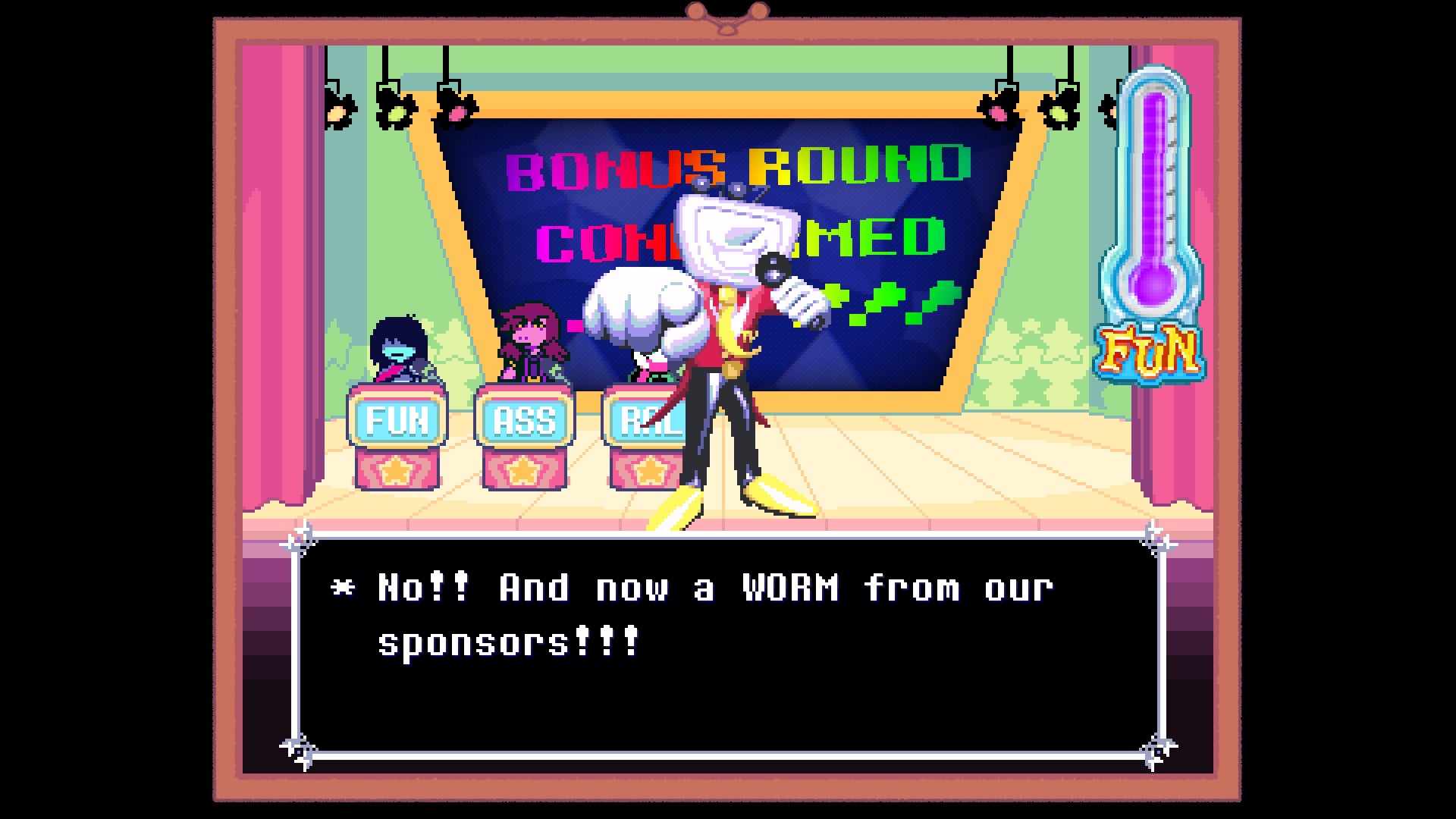 A screenshot from Deltarune: Chapter 3, showing Tenna announcing to the audience that he has a worm from his sponsors. - 4