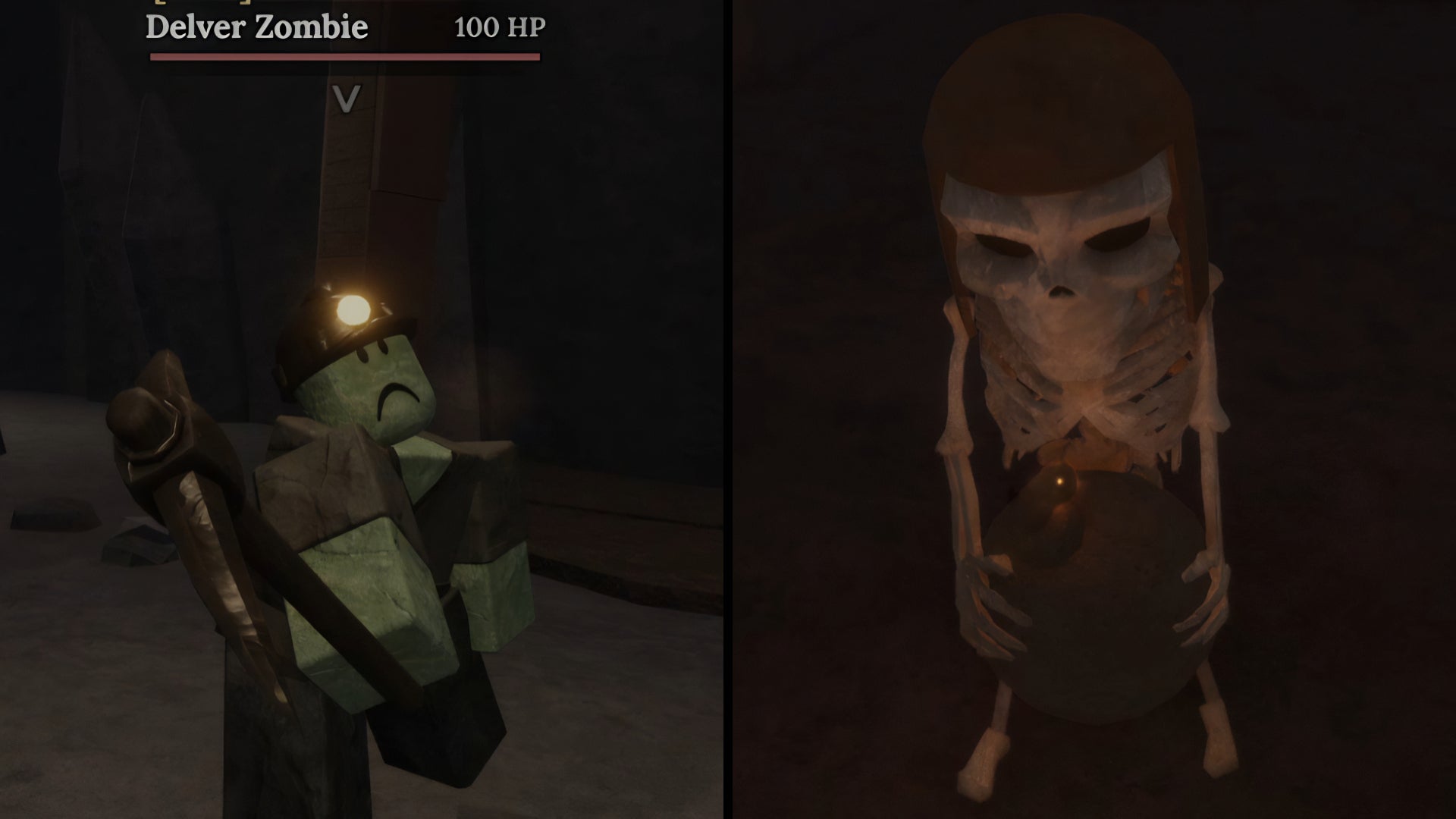 A split screenshot showing a Delver Zombie and a Bomber enemy from the Roblox game, The Forge. - 3