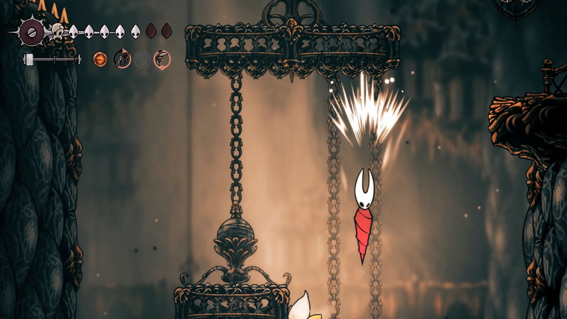 Hornet propels herself downwards using the Delver's Drill Tool in Hollow Knight: Silksong. - 6