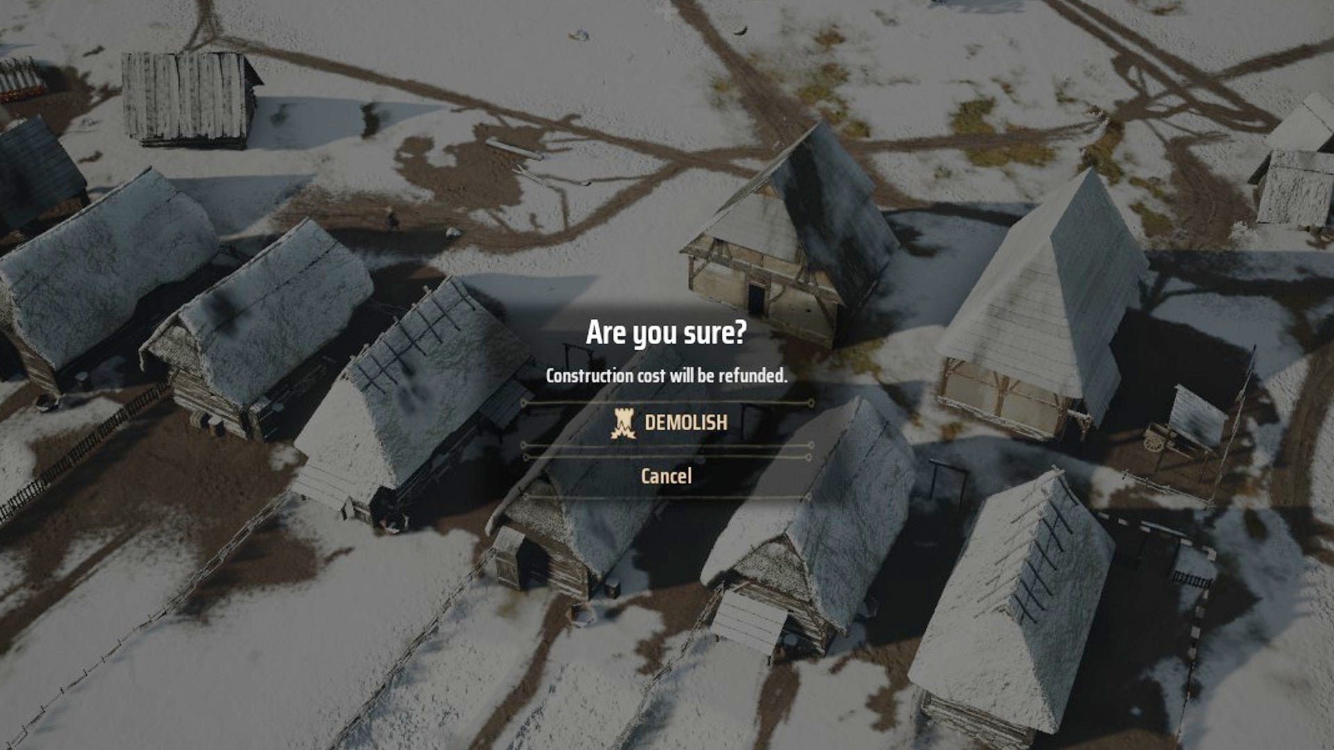 A menu prompt in Manor Lords, asking if the player wants to demolish a structure.