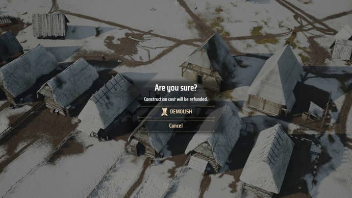 A menu prompt in Manor Lords, asking if the player wants to demolish a structure.
