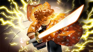 Artwork for the Roblox game Demon Blade showing a Robloxified version of a character inspired by the anime Demon Slayer.