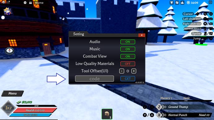 A screenshot from Demon Blade in Roblox showing the game's codes field.