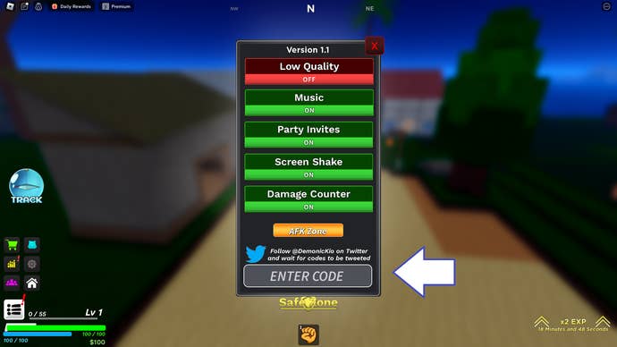 A screenshot from Demon Piece in Roblox showing the game's settings menu and codes field.
