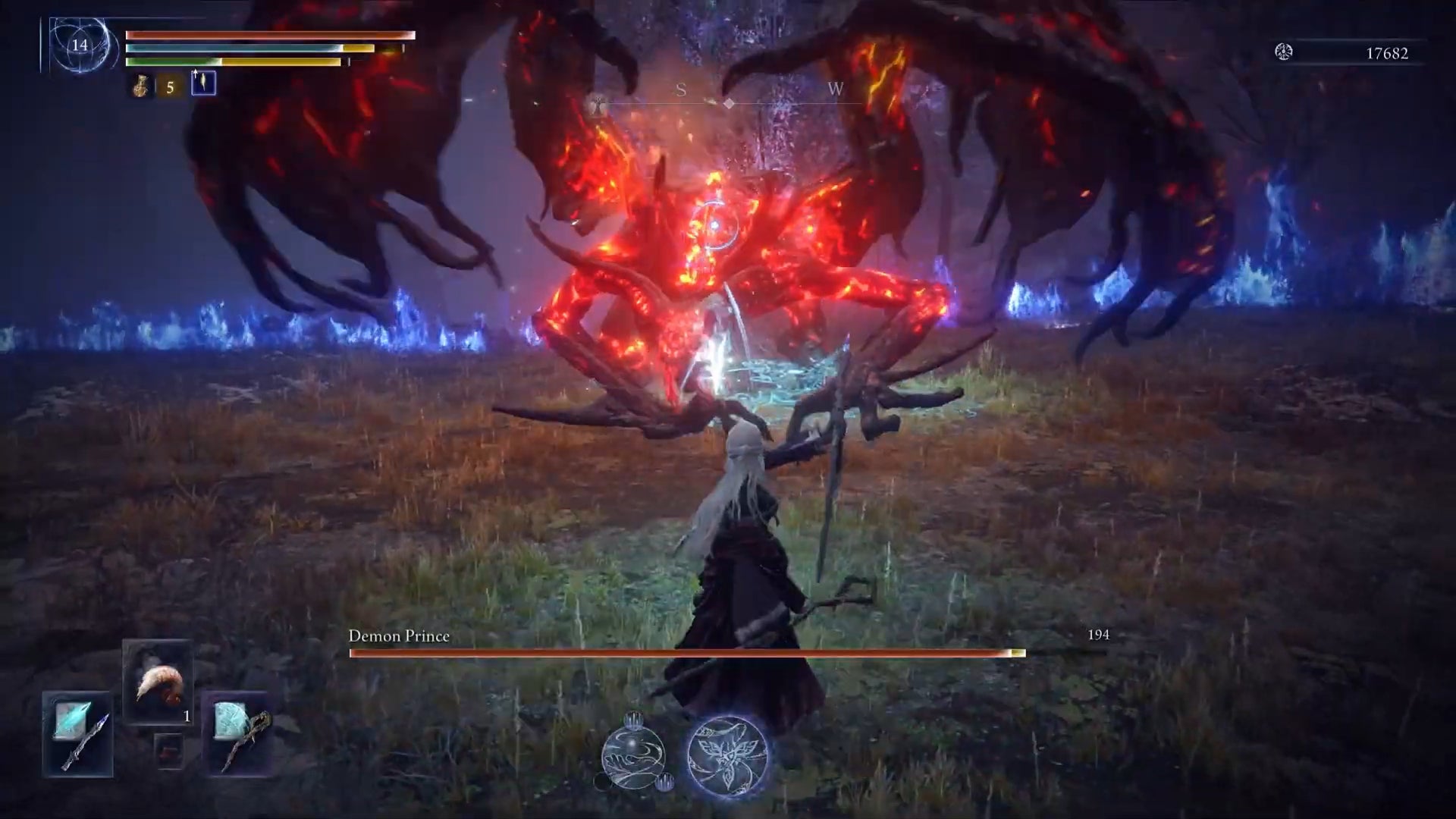 Recluse prepares a spell against the fiery Demon Prince in Elden Ring: Nightreign's Forsaken Hollows DLC. - 45