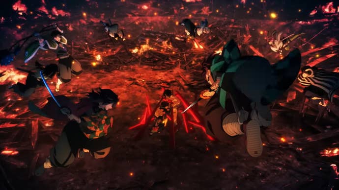 Tanjiro and the rest of the demon slaying corps attacking a demon in a burning area in Demon Slayer.