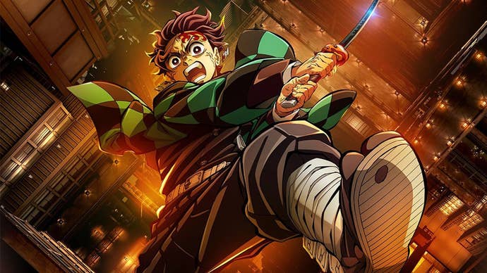 Tanjiro Kamada, a young man with dark red hair and a floral-looking scar on his face, is falling through what looks like an infinitely repeating building while preparing to attack someone with a samurai sword.