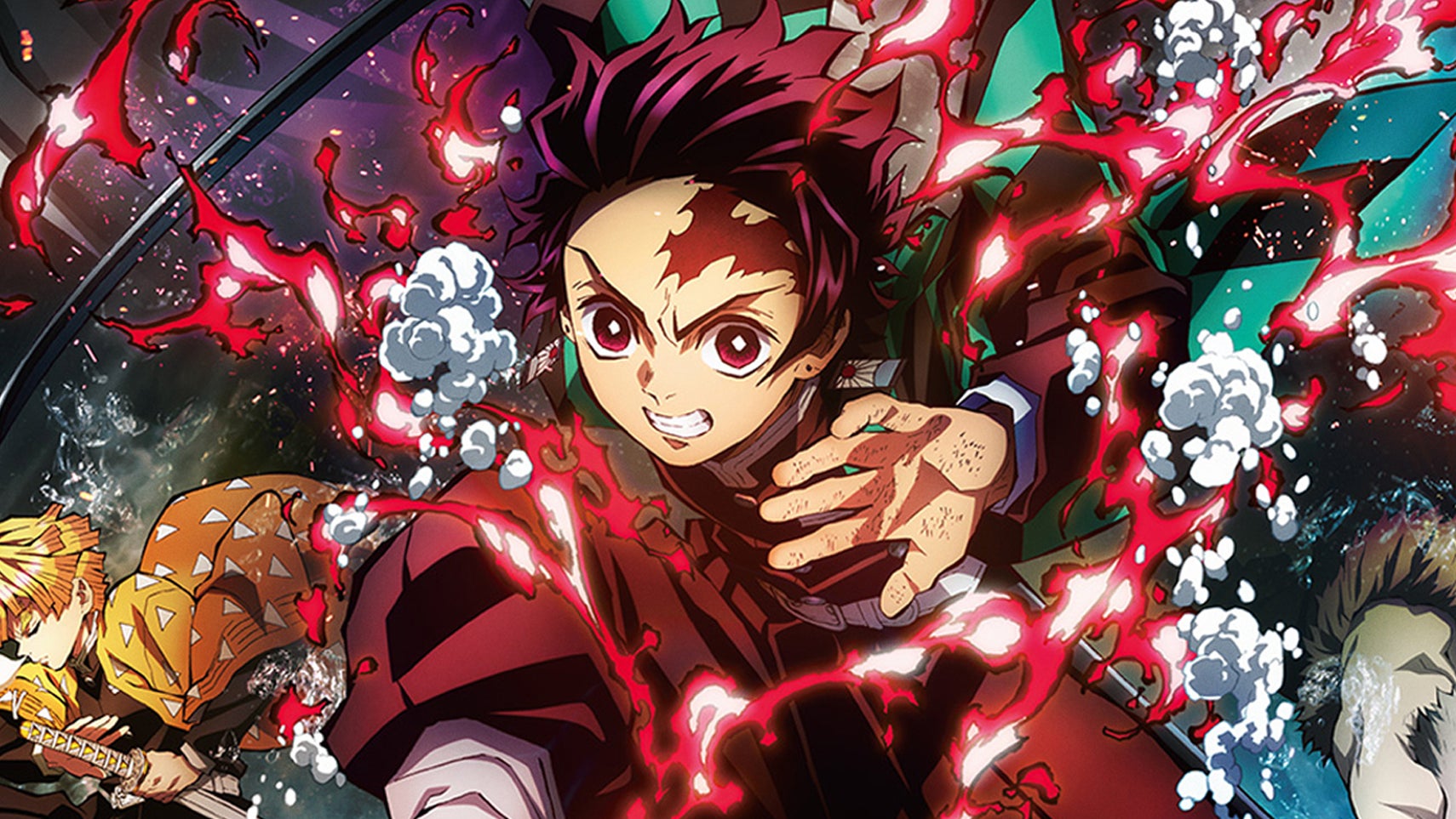 Demon Slayer: Mugen Train key art showing Tanjiro covered in deep red flames, other characters surrounding him. - 1