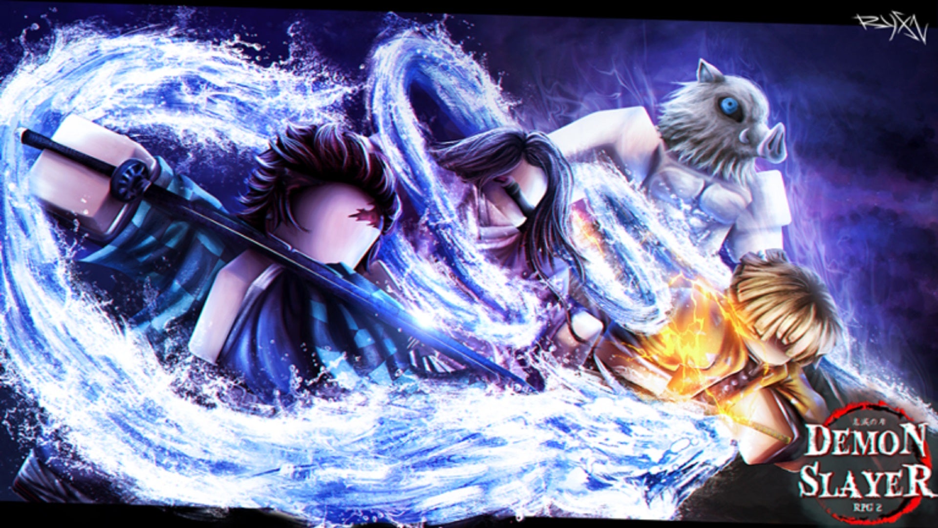A trio of slayers take on a wolf-pig-headed demon-man in a banner for Demon Slayers RPG 2 on Roblox. - 1