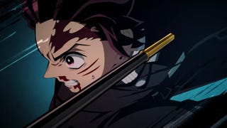 Main character Tanjiro midway through a fight in the hugely popular anime series Demon Slayer.