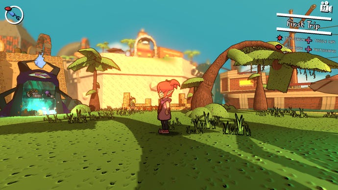 A demon walks around a grassy scene in Demon Turf