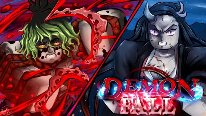 Artwork for the Roblox game Demonfall showing Robloxified characters based on the Demon Slayer anime.
