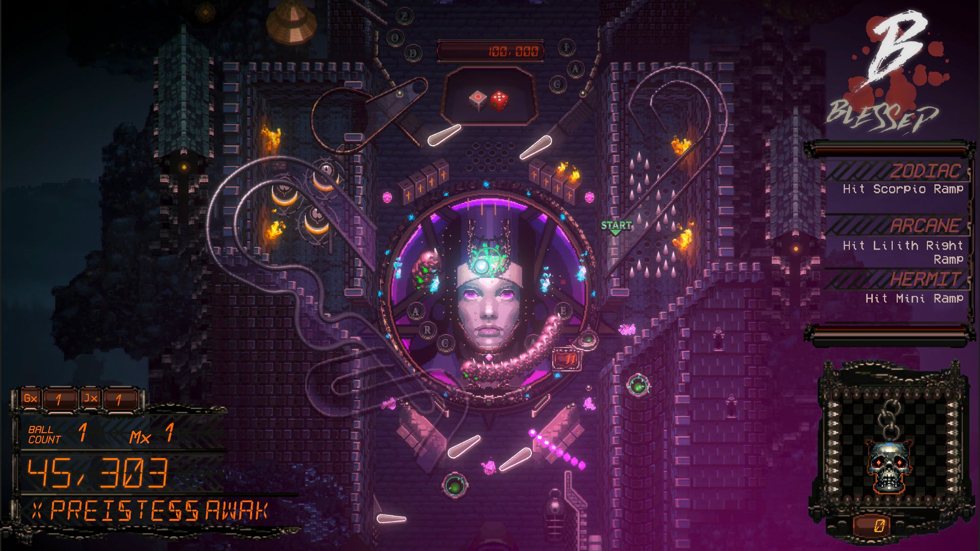 One of the pinball tables in DEMON'S TILT. There's a menacing face in the middle