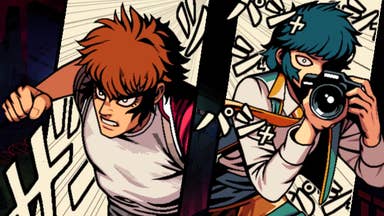 Demonschool screenshot showing cartoon comic panels of boy punching and a girl with a camera