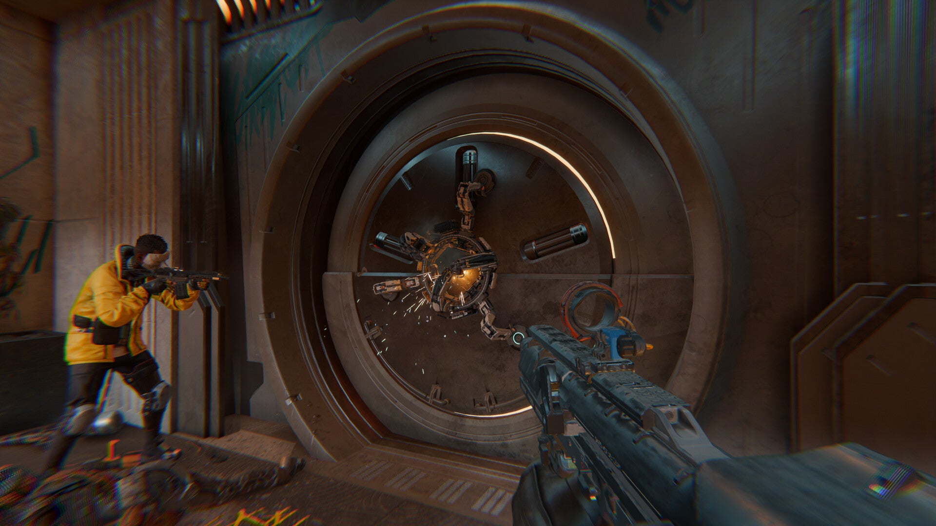 A vault door being hacked by a spider drone, seen from a first-person viewpoint in Den of Wolves. - 4