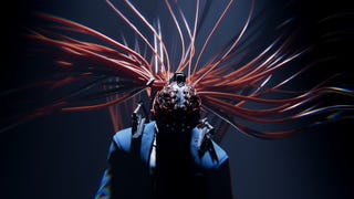 Promotional art of Den of Wolves showing a masked man standing in a dimly lit room with dozens of red tendril-like wires stretching from behind his head out into the gloom.