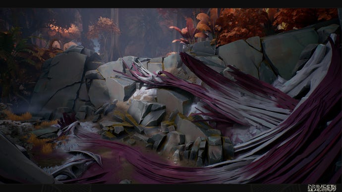 A WIP image of a rocky, tropical environment with sweeping purple organic matter covering the stone in Fishlabs' cancelled Project Black