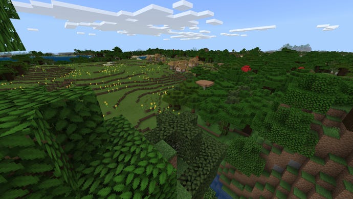 A Minecraft Bedrock screenshot of a landscape displayed using the DePixel Lite Texture Pack.