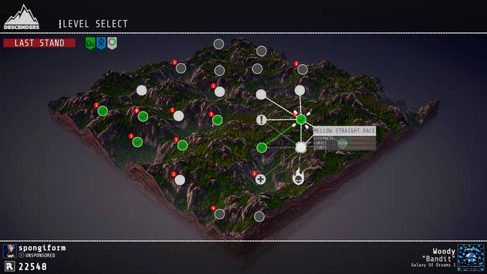 Sunset falls on the campaign map in a Descenders screenshot.